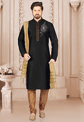 Hand Embroidered Dupion Silk Kurta Set in Black
