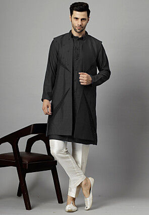Hand Embroidered Dupion Silk Kurta Set in Black
