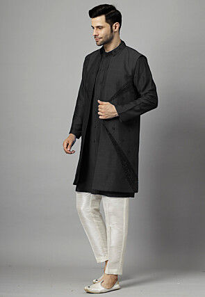 Hand Embroidered Dupion Silk Kurta Set in Black