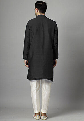 Hand Embroidered Dupion Silk Kurta Set in Black