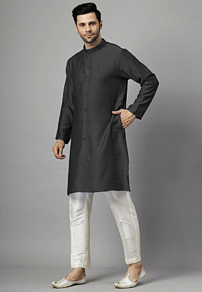 Hand Embroidered Dupion Silk Kurta Set in Black