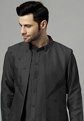 Hand Embroidered Dupion Silk Kurta Set in Black