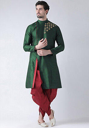 Hand Embroidered Dupion Silk Kurta Set in Dark Green