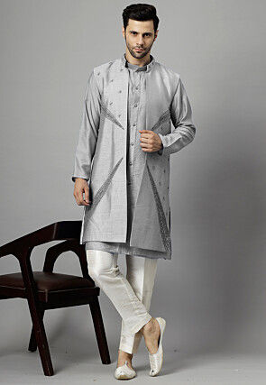 Hand Embroidered Dupion Silk Kurta Set in Grey