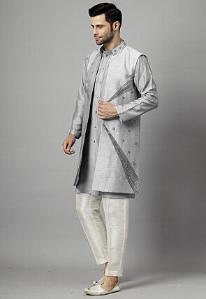 Hand Embroidered Dupion Silk Kurta Set in Grey