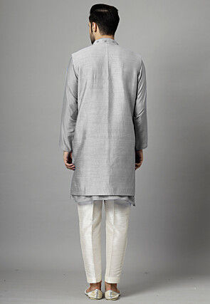 Hand Embroidered Dupion Silk Kurta Set in Grey