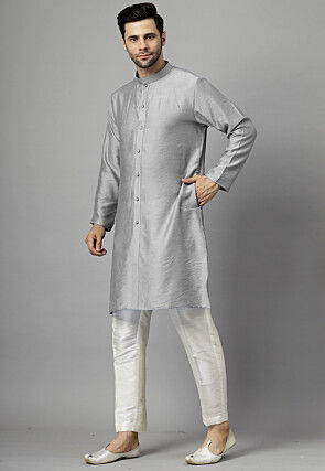 Hand Embroidered Dupion Silk Kurta Set in Grey