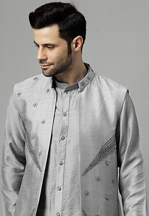 Hand Embroidered Dupion Silk Kurta Set in Grey