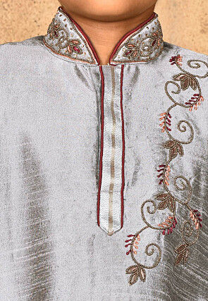 Hand Embroidered Dupion Silk Kurta Set in Grey