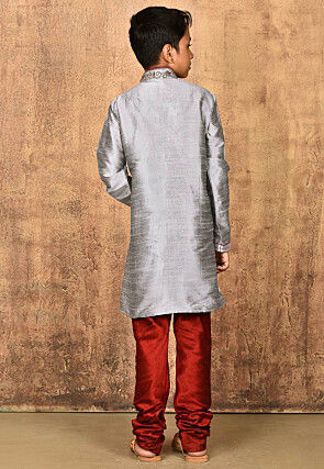Hand Embroidered Dupion Silk Kurta Set in Grey