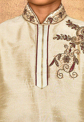 Hand Embroidered Dupion Silk Kurta Set in Light Beige