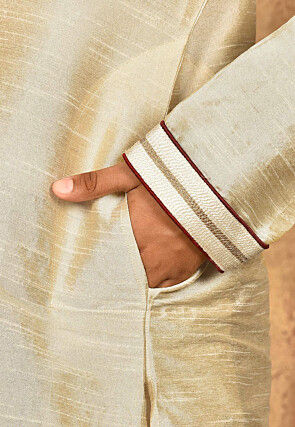 Hand Embroidered Dupion Silk Kurta Set in Light Beige