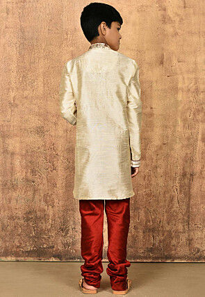 Hand Embroidered Dupion Silk Kurta Set in Light Beige