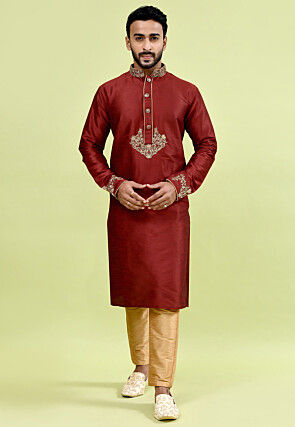 Hand Embroidered Dupion Silk Kurta Set in Maroon