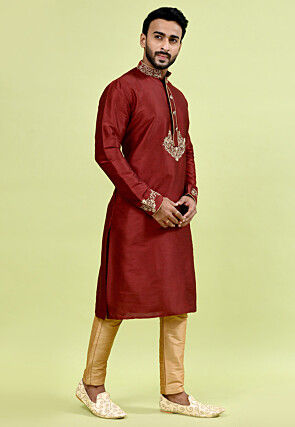 Hand Embroidered Dupion Silk Kurta Set in Maroon