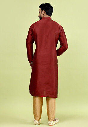 Hand Embroidered Dupion Silk Kurta Set in Maroon