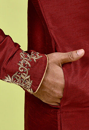 Hand Embroidered Dupion Silk Kurta Set in Maroon