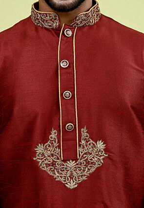 Hand Embroidered Dupion Silk Kurta Set in Maroon