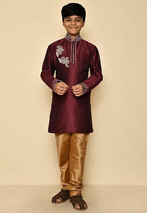 Hand Embroidered Dupion Silk Kurta Set in Maroon
