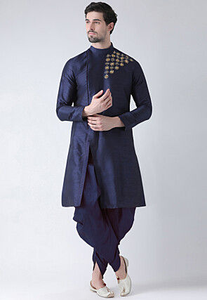Hand Embroidered Dupion Silk Kurta Set in Navy Blue