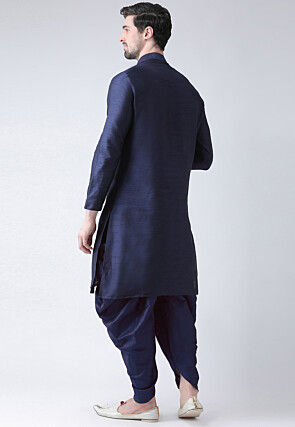 Hand Embroidered Dupion Silk Kurta Set in Navy Blue