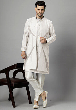 Hand Embroidered Dupion Silk Kurta Set in Off White