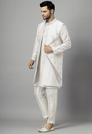 Hand Embroidered Dupion Silk Kurta Set in Off White