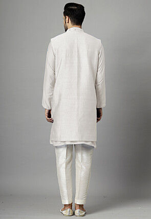 Hand Embroidered Dupion Silk Kurta Set in Off White