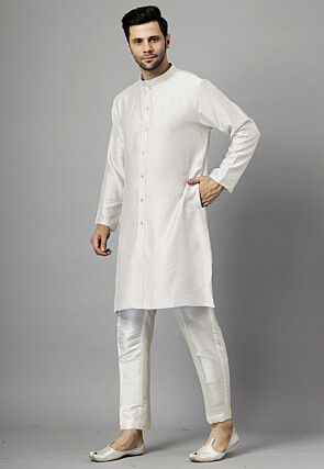 Hand Embroidered Dupion Silk Kurta Set in Off White