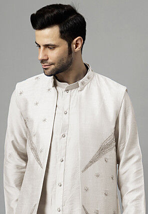 Hand Embroidered Dupion Silk Kurta Set in Off White