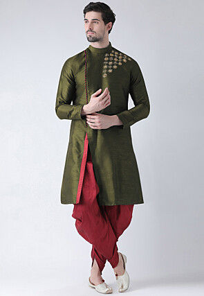 Hand Embroidered Dupion Silk Kurta Set in Olive Green
