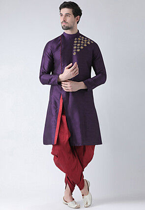 Hand Embroidered Dupion Silk Kurta Set in Violet