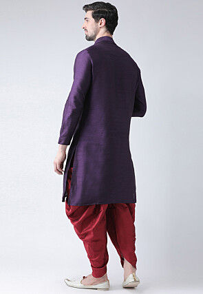 Hand Embroidered Dupion Silk Kurta Set in Violet