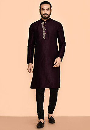 Hand Embroidered Dupion Silk Kurta Set in Wine