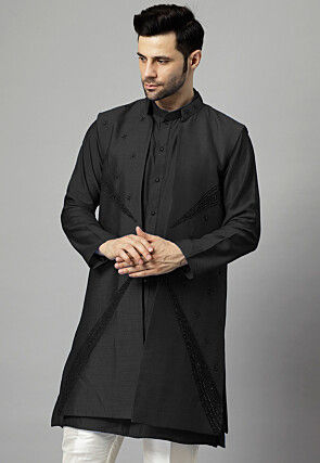 Hand Embroidered Dupion Silk Long Jacket in Black