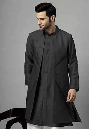 Hand Embroidered Dupion Silk Long Jacket in Black