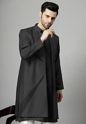 Hand Embroidered Dupion Silk Long Jacket in Black