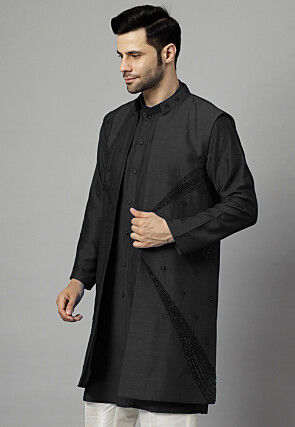 Hand Embroidered Dupion Silk Long Jacket in Black