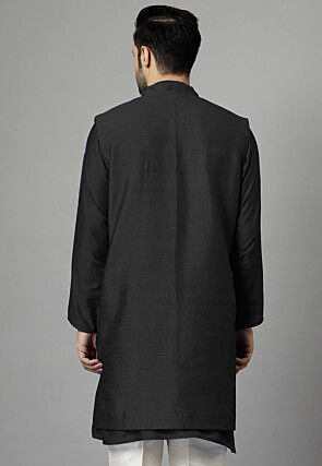 Hand Embroidered Dupion Silk Long Jacket in Black