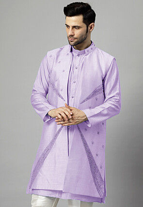 Hand Embroidered Dupion Silk Long Jacket in Light Purple