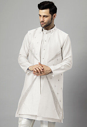 Hand Embroidered Dupion Silk Long Jacket in White