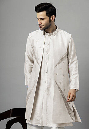 Hand Embroidered Dupion Silk Long Jacket in White