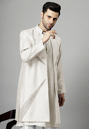 Hand Embroidered Dupion Silk Long Jacket in White