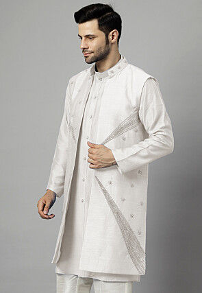 Hand Embroidered Dupion Silk Long Jacket in White