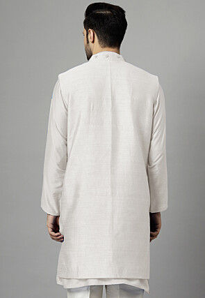 Hand Embroidered Dupion Silk Long Jacket in White