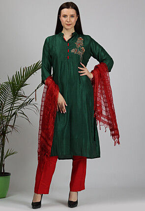 Hand Embroidered Dupion Silk Pakistani Suit in Dark Green