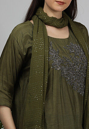 Hand Embroidered Dupion Silk Pakistani Suit in Dark Olive Green