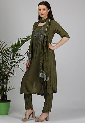 Hand Embroidered Dupion Silk Pakistani Suit in Dark Olive Green