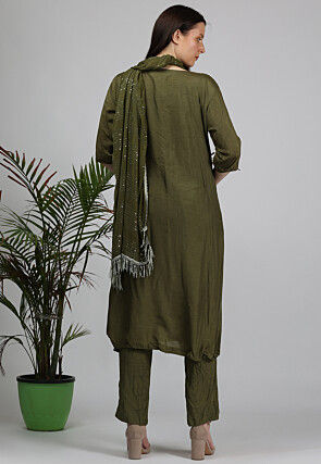 Hand Embroidered Dupion Silk Pakistani Suit in Dark Olive Green