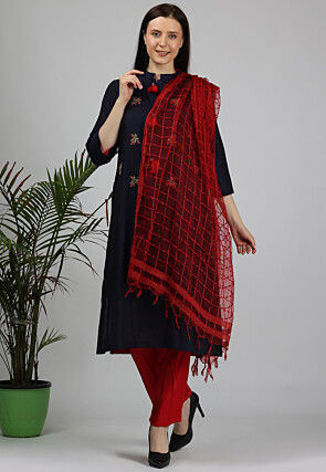 Hand Embroidered Dupion Silk Pakistani Suit in Navy Blue